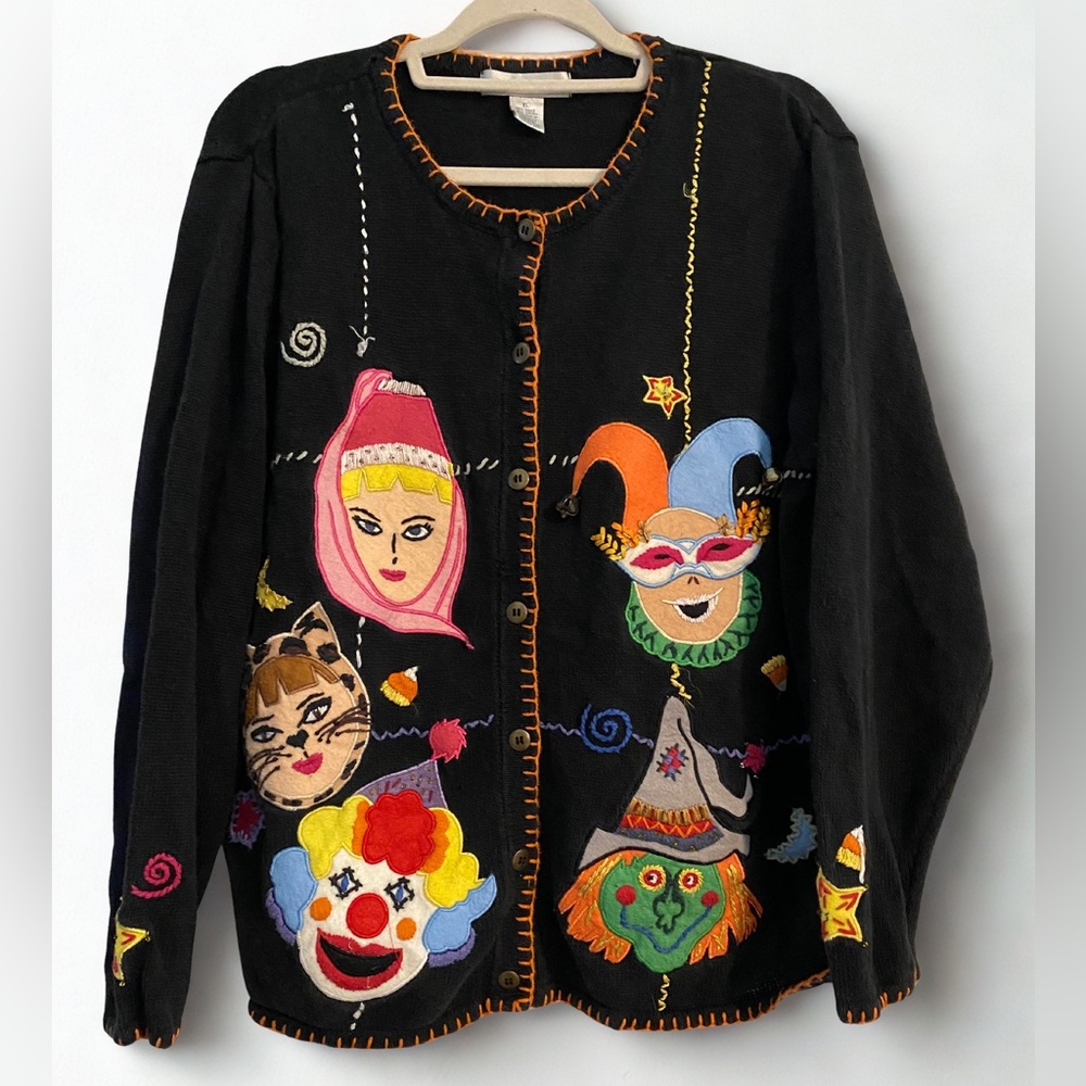 Rare Vintage Arriviste Ugly Tacky Halloween Costumes Clown Genie Sweater Size XL